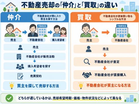 不動産売却における「仲介」と「買取」の違いを左右で比較した図解