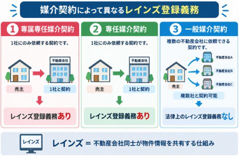 媒介契約3種類とレインズ登録義務の違いを比較した図解