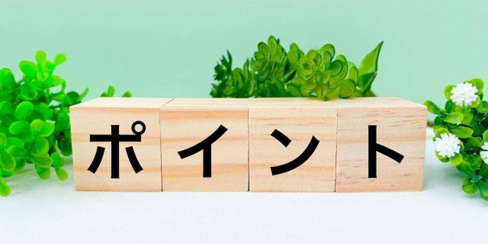 「ポイント」と書かれた木製ブロックと緑の植物を背景にした明るいイメージ、要点や重要事項を示す構図