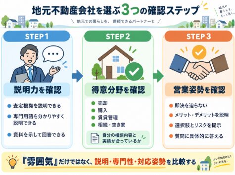 地元不動産会社を選ぶ際の確認手順を3ステップで整理した図解